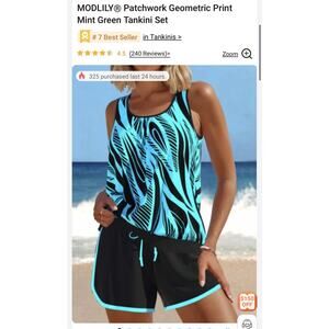 Modlily Patchwork Geometric Print Cyan Tankini Set Women’s size XL NWOT